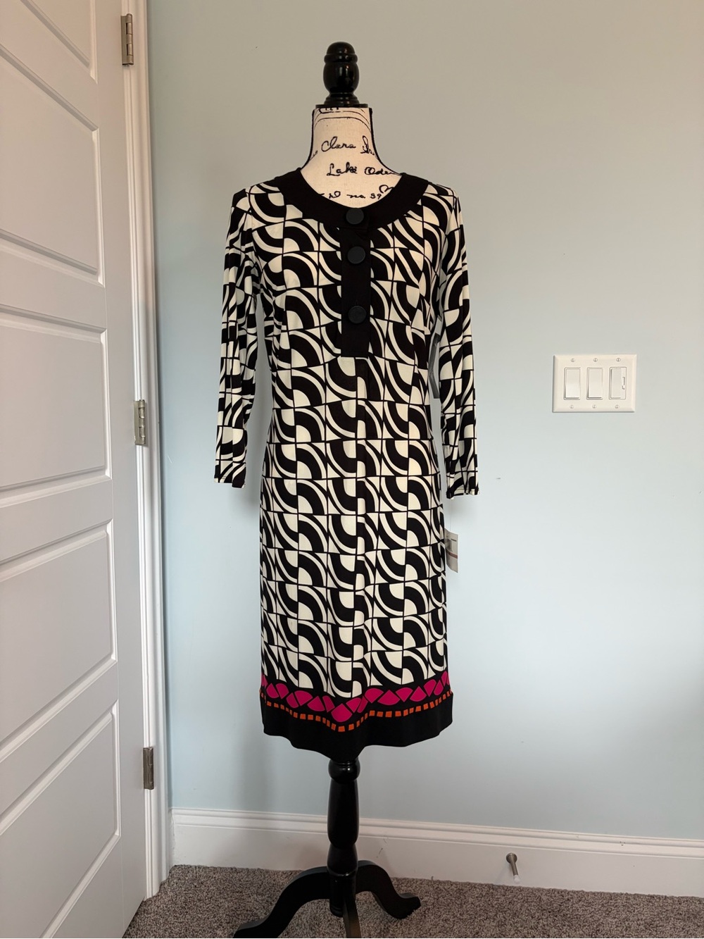 Morgan McFeeters Black and White Geometric Dress with Pink Trim
